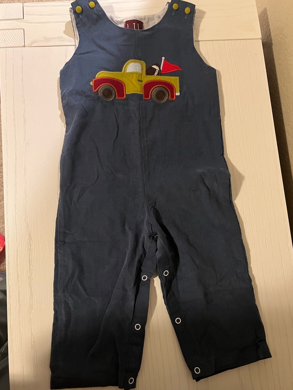 Cactus Navy Overalls with Yellow & Red Truck Appliqué